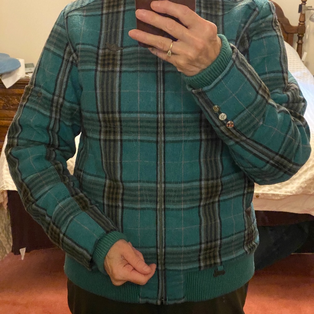 Arson Teal Plaid Wool Jacket, lined, size M